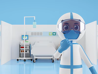 Cartoon Character In Protective Suit Standing In Hospital Room With Medical Bed And Equipment 3d model