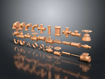 Copper Colored Pipes And Fittings Arranged On Dark Background With Reflections 3d model