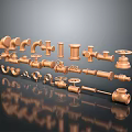 Copper Colored Pipes And Fittings Arranged On Dark Background With Reflections
