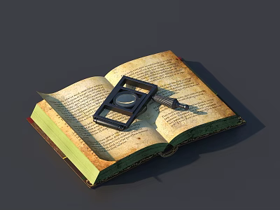 Vintage Open Book with Magnifying Glass and Pen for Daily Stationery Use 3d model