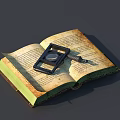 Vintage Open Book with Magnifying Glass and Pen for Daily Stationery Use