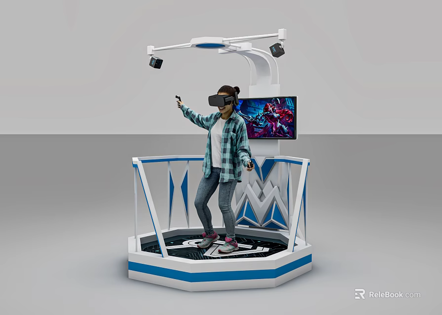 User Wearing VR Headset Enjoying Interactive Experience On Platform With Screen 3d model 