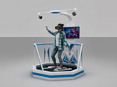 User Wearing VR Headset Enjoying Interactive Experience On Platform With Screen 3d model