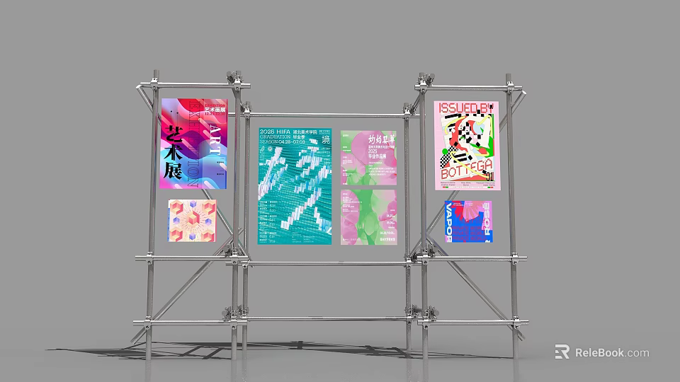 Art Installation With Metal Frame Displaying Colorful Artistic Posters And Various Designs 3d model 
