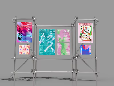 Art Installation With Metal Frame Displaying Colorful Artistic Posters And Various Designs 3d model