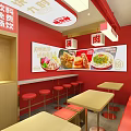 Modern Restaurant Interior Design With Red Seats Wooden Walls And Display Cases