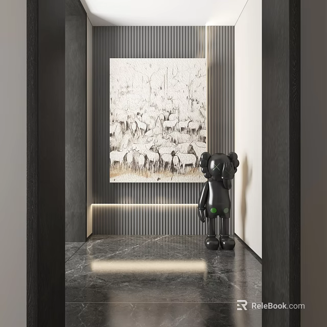 Modern Interior With Large Deer Herd Painting And Black Sculpture On Marble Floor 3d model 