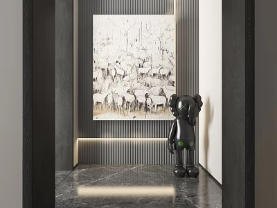 Modern Interior With Large Deer Herd Painting And Black Sculpture On Marble Floor 3d model
