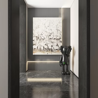 Modern Interior With Large Deer Herd Painting And Black Sculpture On Marble Floor 3d model