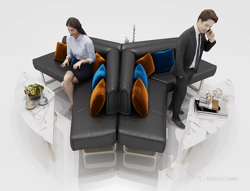 Modern Sectional Sofa Featuring Orange Blue Pillows And Coffee Table Decor 3d model 