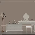 Classic White Dressing Table with Mirror Stool Floor Lamp and Decorative Items on Beige Wall