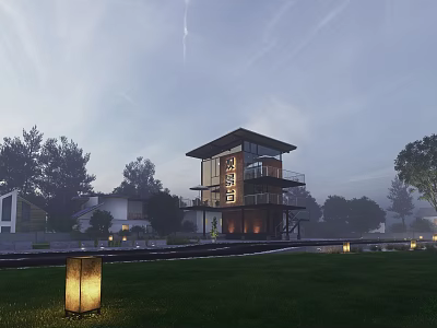 Road Facilities With Street Lamps Green Lawn And Modern Building In Residential Area 3d model