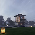 Road Facilities With Street Lamps Green Lawn And Modern Building In Residential Area