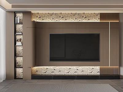 Elegant Modern TV Wall Design With Decorative Patterns LED Lighting And Side Shelves 3d model