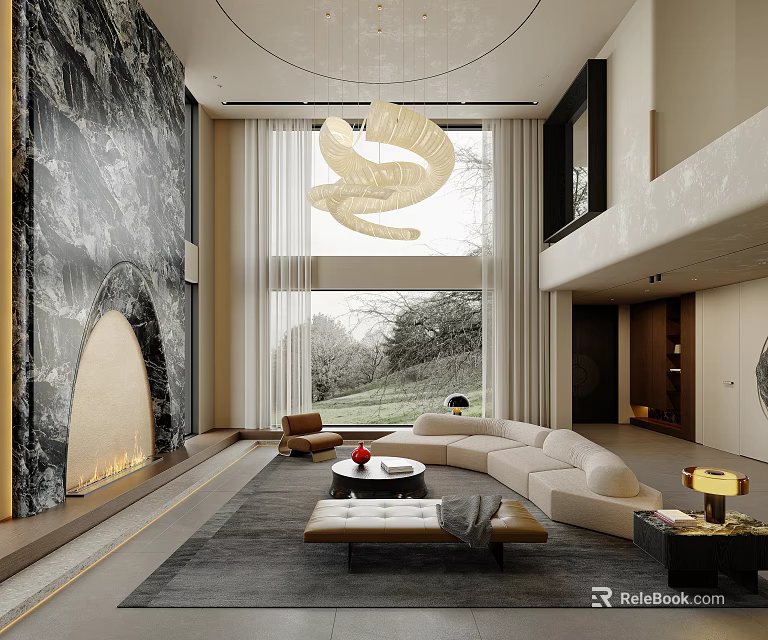 Modern Living Dining Room Design With Marble Wall Large Window Green View Unique Chandelier 3d model 