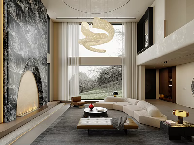 Modern Living Dining Room Design With Marble Wall Large Window Green View Unique Chandelier 3d model