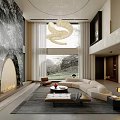 Modern Living Dining Room Design With Marble Wall Large Window Green View Unique Chandelier