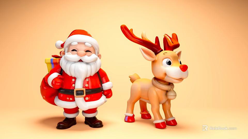 Cheerful Santa Claus And Reindeer Animated Game Characters With Red Gift Bag And Festive Attire 3d model 