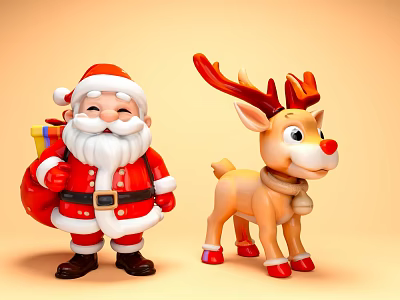 Cheerful Santa Claus And Reindeer Animated Game Characters With Red Gift Bag And Festive Attire 3d model