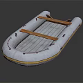 White Inflatable Boat With Yellow Trim And Wooden Support Seats Design