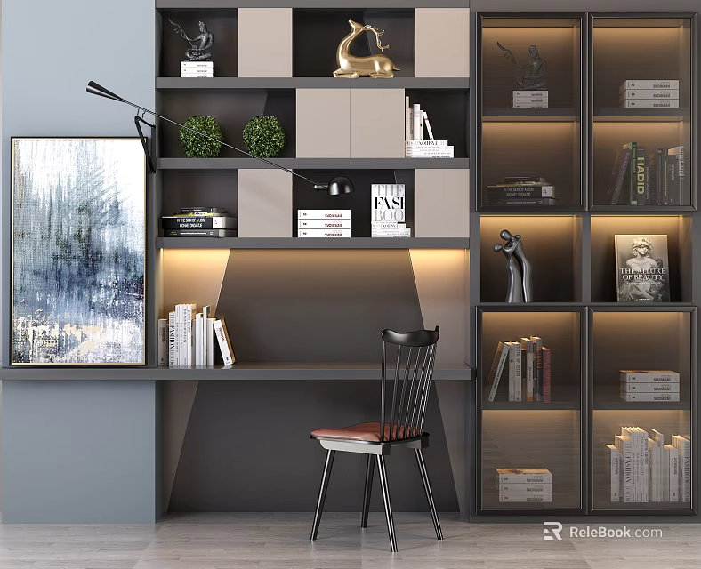 Stylish Study Desk With Bookshelves Table Lamp Books Green Plants And Wall Art 3d model 