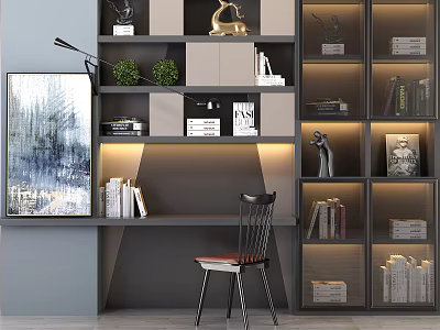 Stylish Study Desk With Bookshelves Table Lamp Books Green Plants And Wall Art 3d model