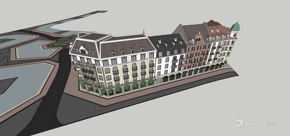 Commercial Street With Multi Story Buildings Various Roof Styles And Colorful Facades 3d model 