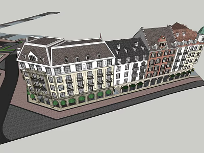 Commercial Street With Multi Story Buildings Various Roof Styles And Colorful Facades 3d model