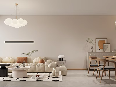 Modern Living and Dining Room Interior With Beige Sofa Wooden Chairs Globe Chandelier And Rug 3d model