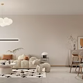 Modern Living and Dining Room Interior With Beige Sofa Wooden Chairs Globe Chandelier And Rug
