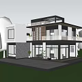 Modern Single Family House Exterior With Large Windows Terrace Green Lawn And Trees