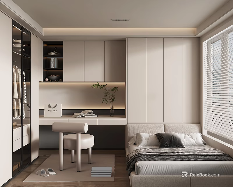 Minimalist Tatami Bedroom Interior Design With Built in Cabinets Desk And Window Blinds 3d model 