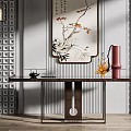 Chinese Style Console Table With Decorative Painting Lattice Screens And Ornaments