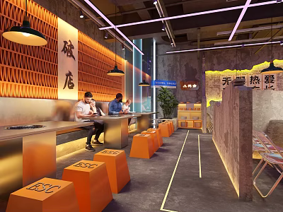 Modern Restaurant Interior Design With Warm Lighting Orange Stools And Customers At Bar Counter 3d model