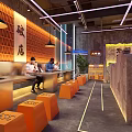Modern Restaurant Interior Design With Warm Lighting Orange Stools And Customers At Bar Counter