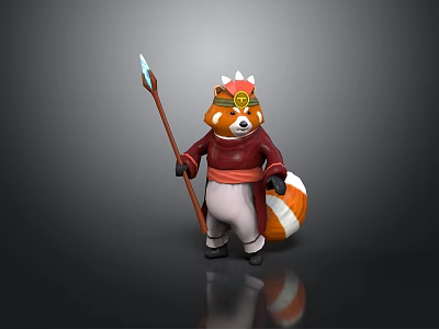 Red Panda 3D Character Model In Red Outfit Holding Spear With Hat 3d model