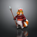 Red Panda 3D Character Model In Red Outfit Holding Spear With Hat