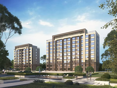 Modern Residential Buildings With Greenery Trees And Plaza Walkway Under Blue Sky And White Clouds 3d model