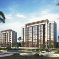 Modern Residential Buildings With Greenery Trees And Plaza Walkway Under Blue Sky And White Clouds