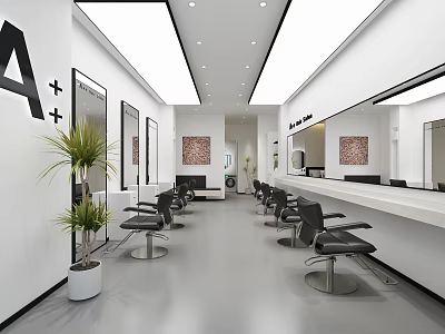 Modern Minimalist Bright Hair Salon Interior Design With Comfortable Styling Chairs And Large Wall Mirrors 3d model