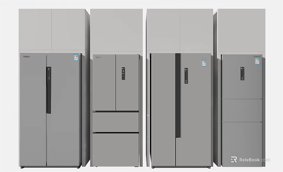 Various Modern Design Refrigerators and Freezers on Display for Home Kitchen Use 3d model