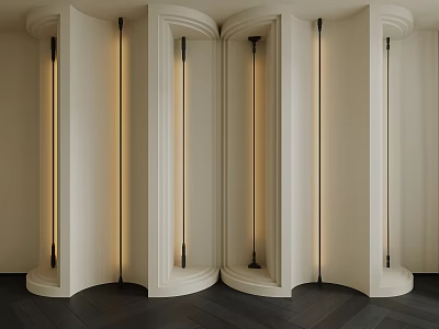 White Curved Partition Walls With LED Strip Lights And Dark Wooden Flooring Design 3d model