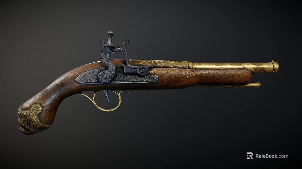 Antique Pistol With Wooden Stock And Engraved Metal Components And Brass Parts 3d model 