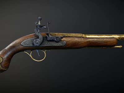 Antique Pistol With Wooden Stock And Engraved Metal Components And Brass Parts 3d model