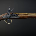Antique Pistol With Wooden Stock And Engraved Metal Components And Brass Parts