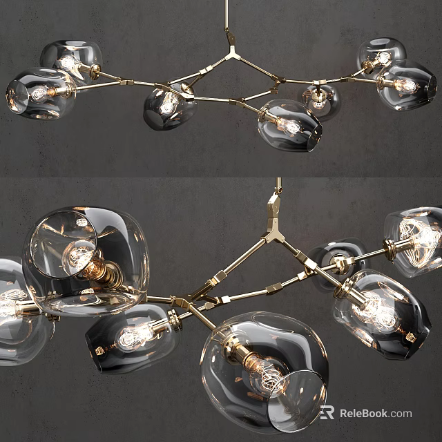 Abstract Shape Chandelier with Brass Frame and Multiple Glass Globe Lighting Bulbs 3d model 