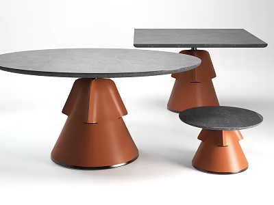 Modern Coffee Tables Featuring Round And Square Gray Tabletops With Orange Conical Bases 3d model