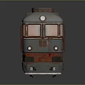 Vintage Rusty Train Model with Blue Roof and Yellow Red Logo on Dark Surface