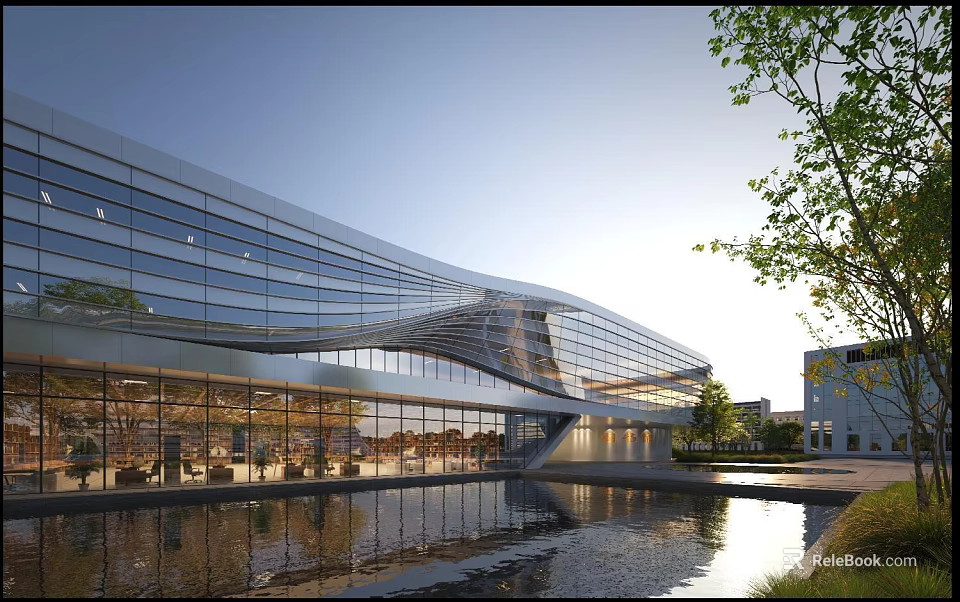 Contemporary Curved Office Building With Glass Curtain Walls Water Pond And Surrounding Greenery 3d model 