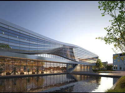 Contemporary Curved Office Building With Glass Curtain Walls Water Pond And Surrounding Greenery 3d model